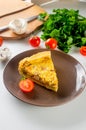 quiche Lorraine with chicken, mushrooms on the table Royalty Free Stock Photo