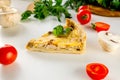 quiche Lorraine with chicken, mushrooms on the table Royalty Free Stock Photo