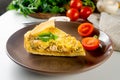 quiche Lorraine with chicken, mushrooms on the table Royalty Free Stock Photo