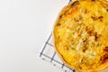 quiche Lorraine with chicken, mushrooms on the table Royalty Free Stock Photo