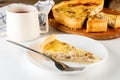 quiche Lorraine with chicken, mushrooms on the table Royalty Free Stock Photo