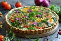 Quiche Lorraine savory tart vegan with vegetables