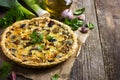 Quiche with mushrooms, leek and cheese