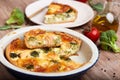Quiche open tart pie with salmon fish, broccoli and cheese