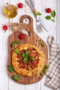 Quiche open tart pie with tomatoes, eggplant and cheese. Vegetarian dish.