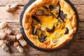 Quiche pie with mushrooms, cheddar cheese, chicken and cream close-up. horizontal top view Royalty Free Stock Photo