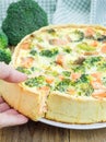 Quiche with salmon, cheese, broccoli