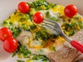 Quick Breakfast Omelet with greens, cherry tomatoes, bread grains Royalty Free Stock Photo