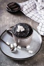 Quick chocolate cake mug with marshmallows on a plate on the table vertical view Royalty Free Stock Photo