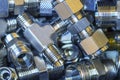 Quick connect fittings coupling for assembling compressed air, hydraulics, pneumatics, gases, fuel lines. Lays in a Royalty Free Stock Photo