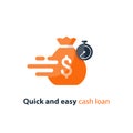 Fast loan, quick money, finance services, timely payment, stopwatch and money bag, vector icon Royalty Free Stock Photo