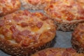 Quick Easy Snack. Sesame Bread Baked With Salami And Cheese On Oven Tray. Mini Pizza.