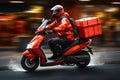 Quick and efficient food courier on a scooter with red backpack