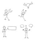 Quick hand drawing businessman set. Holding spanner, running after flying light bulb, holding blank board, two ideas and confused