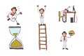 Quick hand drawing businessman set. Running on sand watch, standing on top of wooden ladder, sleeping at computer desk, holding