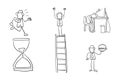 Quick hand drawing businessman set. Running on sand watch, standing on top of wooden ladder, sleeping at computer desk, holding