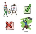 Quick hand drawing man and object set. Painter artist draws stickman, check mark, x mark and man running and holding net to catch Royalty Free Stock Photo