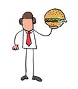 Quick hand drawn faceless businessman character holding hamburger fast food