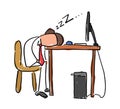 Quick hand drawn faceless businessman character tired and sleeping on computer desk
