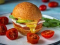 A quick lunch of hamburger and cherry tomato and arugula on a bright ceramic plate. Shot from close range Royalty Free Stock Photo