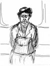 A quick pencil sketch of a seated man with a briefcase in a subway car. Simple rough drawing.