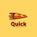 Quick pizza delivery logo, fast food instant pizza restaurant logo with flying bullet speed slice of pizza icon illustration