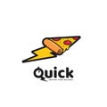 Quick pizza delivery logo, fast food instant pizza restaurant logo with lightning speed slice of pizza icon illustration