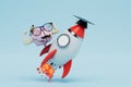 quick receipt of sports education. a rocket with a master\'s hat on which the brain with muscles in glasses. 3D render