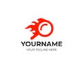 Quick search and flame, fire, logo template. Magnifier and search online, vector design