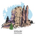 Stolby, national park in Siberia. Feathers rock. Hand drawn vector illustration