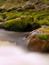 Quick stream in motion over big mossy boulders.