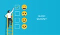 Quick survey design concept. Businessman character standing on ladder and fill white tick checkbox on face emotions in happiness