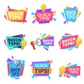 Quick tip. Helpful tricks and advice blog post badges with idea light bulb and megaphone symbols on creative origami