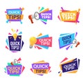 Quick tip labels. Helpful tricks and advice blog post badges with idea light bulb and megaphone symbols and text