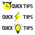 Quick tips. Alarm clock, lightning and bulb with lettering Royalty Free Stock Photo