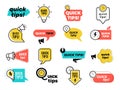 Quick tips badges. Graphic stickers ideas reminders quickly thinks solutions learning logos vector collection Royalty Free Stock Photo