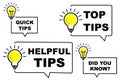 Quick tips, Helpful Tips, Did You Know and Top Tips icon set with speech bubbles and Light bulb with sparkle rays shine. Idea sign