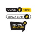 Quick tips, helpful tricks vector logo icon or symbol set with black and yellow color and lightbulb element suitable for web. Royalty Free Stock Photo