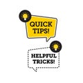 Quick tips, helpful tricks vector logo icon or symbol set with black and yellow color and lightbulb element suitable for web. Royalty Free Stock Photo