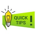 Quick tips icon with lightbulb, exclamation mark. Lifehack, useful information, message, advice sign. Royalty Free Stock Photo