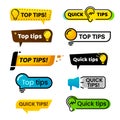 Quick tips. Idea suggestion, tricks solutions advice and best solution tip isolated vector banner sign