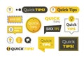 Quick tips shapes. Helpful tricks logos and banners, advices and suggestions emblems. Vector quick helpful tips Royalty Free Stock Photo