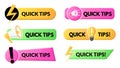 Quick tips and tricks helpful bars, advice, useful clue logos. Light bulb helpful tricks, prompts and suggestion vector