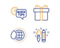 Quick tips, World water and Gift box icons set. Creativity sign. Helpful tricks, Aqua drop, Present package. Vector