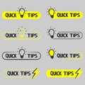 Quick tips. Yellow lightbulb icon with quicks tip text. Helpful idea, solution and trick illustration. Logo quick tips Royalty Free Stock Photo