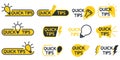 Quick tips. Yellow lightbulb icon with quicks tip text. Helpful idea, solution and trick illustration. Logo quick tips. Abstract Royalty Free Stock Photo