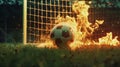 Quickly clean the soccer ball as it flies towards the goal with a fire effect in slow motion. Dark stadium Royalty Free Stock Photo