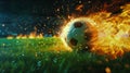 Quickly clean the soccer ball as it flies towards the goal with a trail of fire, captured in slow motion. The scene Royalty Free Stock Photo