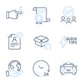 Quickstart guide, Drag drop and Resume document icons set. Taxi, Hold box and 24 hours signs. Vector