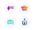 Quickstart guide, Taxi and Shop cart icons set. Scroll down sign. Vector